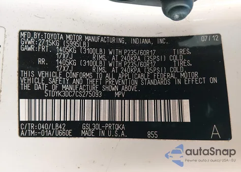 2012 Toyota Sienna Xle V6 8 Passenger z USA, uszkodzony, nr VIN 5TDYK3DC7CS275093